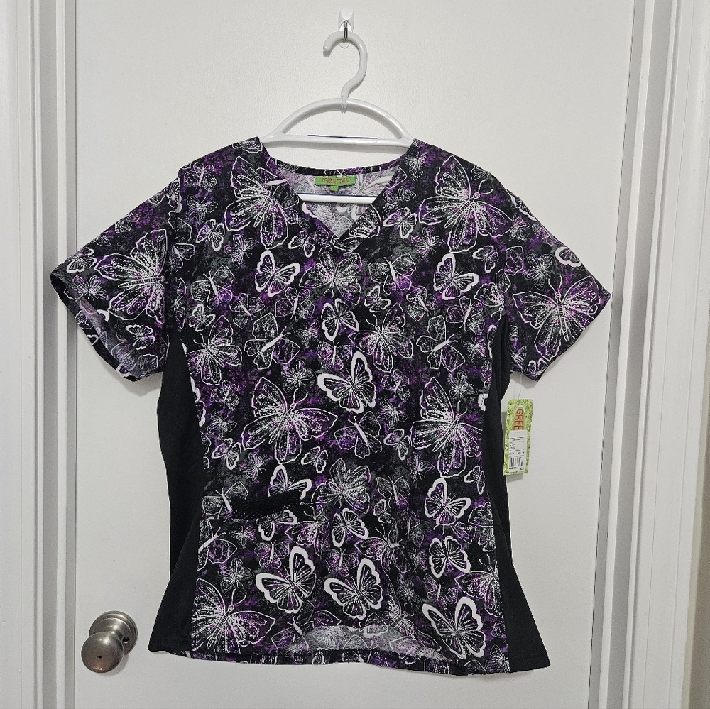 Green Town V-Neck‎ Scrub Top - Purple Butterflies XL NWT